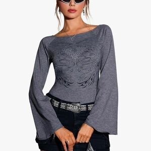 Rhinestone Heart Print T-Shirt Bell Long Sleeve Y2K